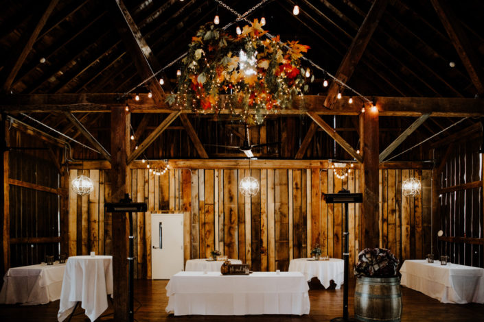 Wedding dinner set up for dancing in the Pegasus Barn at Black Star Farms Suttons Bay.