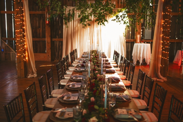 Long wedding table in the Pegasus Barn.