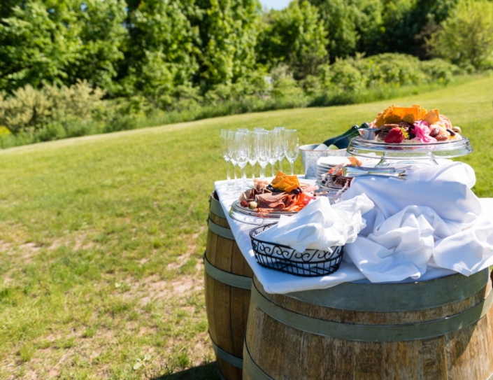 Food and wine set up for a small wedding.