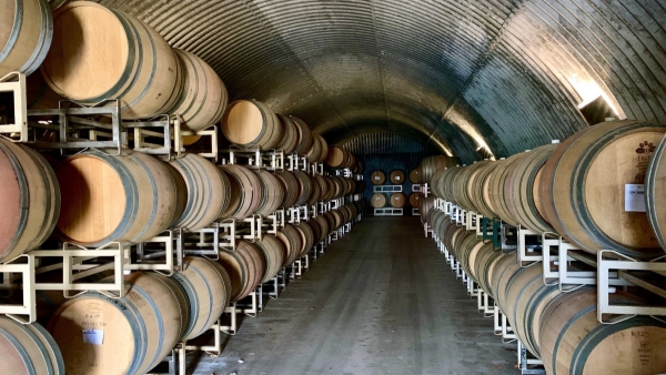 Wine barrels aging in the cave.