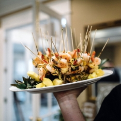 Plate of shrimp skewers for passing.