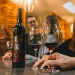 People drinking wine at the Barrel Room bar.