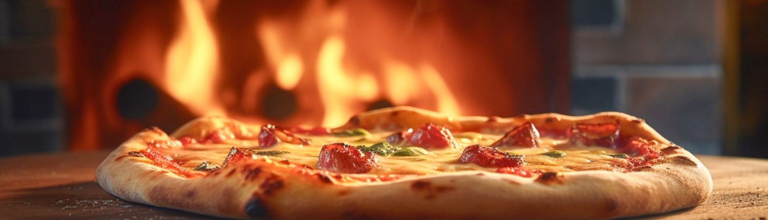 Pizza coming out of the wood-fired oven.