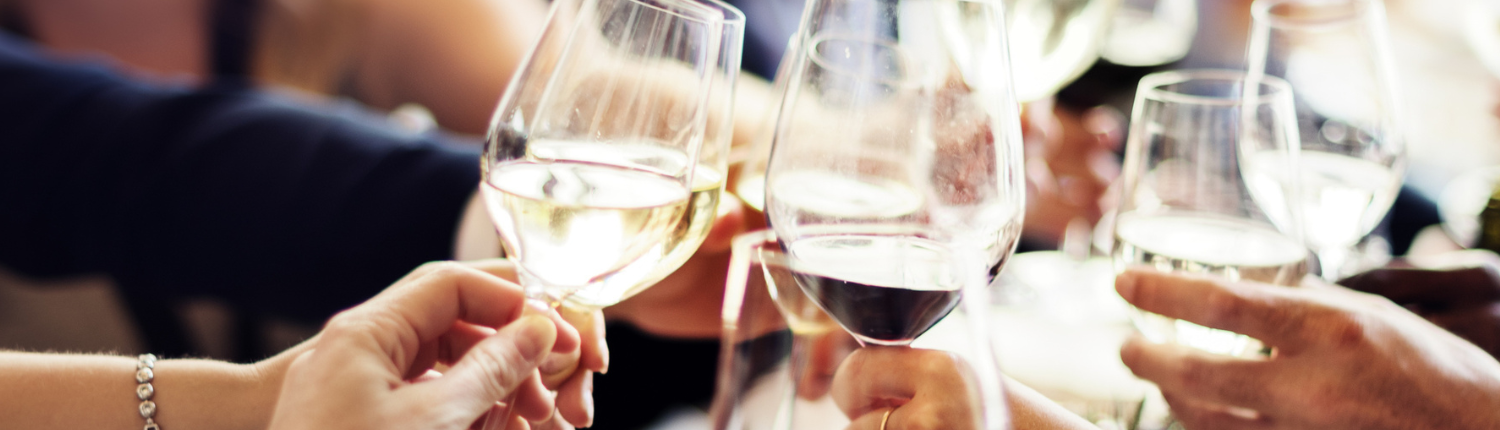 People clinking wine glasses at a private dinner.